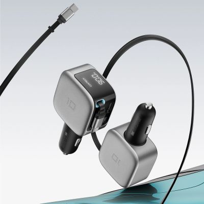 6. Cuktech CC903P 100W Kfz-Ladegerät mit Display und 70 cm langem, einziehbarem USB-C-Kabel – Grau