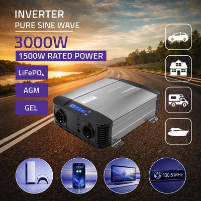 3. Qoltec Sinus-Spannungswandler | 12 V auf 230 V | 1500/3000 W | LCD | USB | USB-C | Kompatibel mit LiFePO4-, GEL- und AGM-Akkus