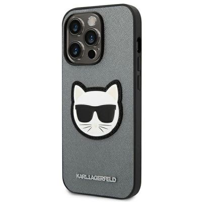 2. Karl Lagerfeld Saffiano Choupette Head Patch Hülle für iPhone 14 Pro Max - Silber