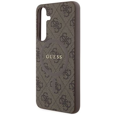 6. Guess 4G Collection Leder-Metall-Logo MagSafe-Hülle für Samsung Galaxy S24+ – braun
