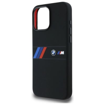 6. BMW Silikonhülle mit Mittelstreifen und MagSafe-Design für iPhone 16 Pro Max – Schwarz