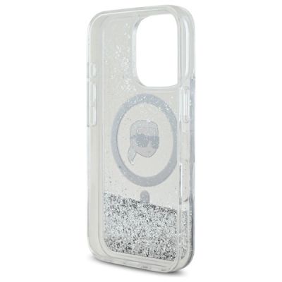 7. Karl Lagerfeld Flüssigglitzer-Magsafe-Hülle mit Karl-Kopf für iPhone 16 Pro – Transparent