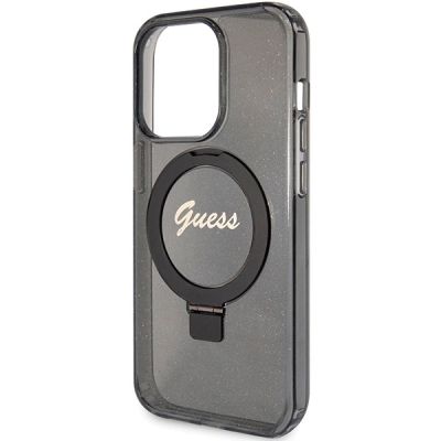 6. Guess Ring Stand Script Glitter MagSafe-Hülle für iPhone 15 Pro Max – Schwarz