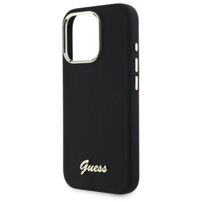 6. Guess Silikonhülle mit Metalllogo und Rahmen für iPhone 16 Pro – Schwarz