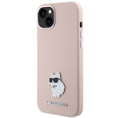 2. Karl Lagerfeld Silikon Choupette Metall Pin Hülle für iPhone 15 Plus / 14 Plus – Rosa