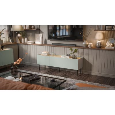 3. FELLINI TV-Schrank 150x40x52, olivgrün + geölte Eichenplatte