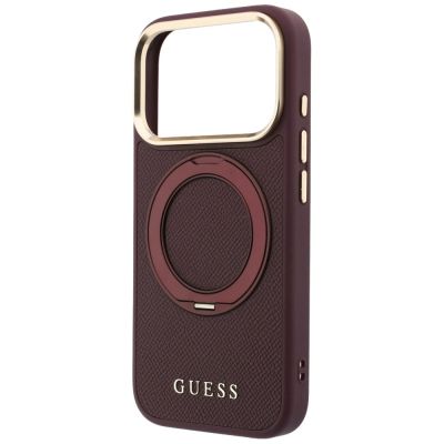 6. Guess Ring Stand 360 Grained Classic Logo MagSafe Hülle für iPhone 18 Pro / 17 Pro – Bordeaux