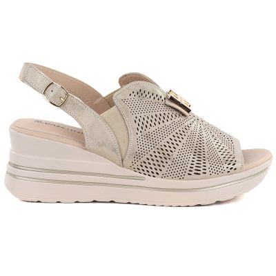 2. Damen-Ledersandalen mit Plateau, goldener Keilabsatz, M.Daszyński 25144-4