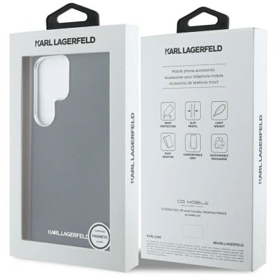8. Karl Lagerfeld Saffiano Vollumwickelte MagSafe Hülle mit länglichem Metalllogo für Samsung Galaxy S25 Ultra - Schwarz