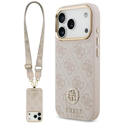 Guess 4G Strass Logo & Big Strap Metal Buttons MagSafe Case für iPhone 17 Pro - Pink