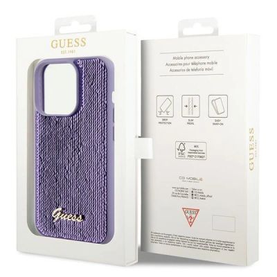 8. Guess Pailletten-Schriftzug-Metallgehäuse für iPhone 15 Pro – Lila