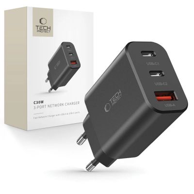Tech-Protect NC30W Netzwerkladegerät 2x USB-C PD 30W / USB-A QC 3.0 - Schwarz