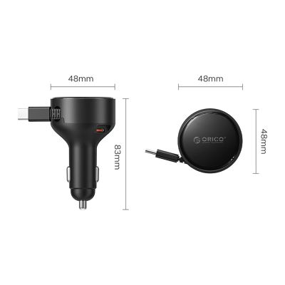 2. Orico FC-60-2C 60W Kfz-Ladegerät mit einziehbarem USB-C-Kabel (65 cm) – Schwarz