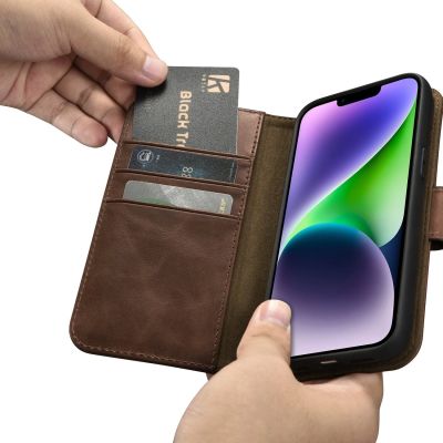 13. iCarer Oil Wax Wallet Case 2in1 Cover iPhone 14 Plus Anti-RFID Leder Flip Case Braun (WMI14220723-BN)