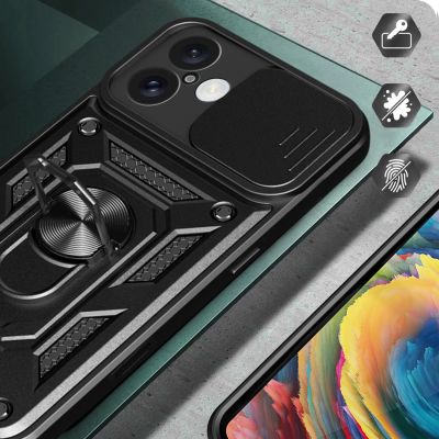 4. Hybrid Armor Camshield Panzerhülle für iPhone 16 mit Kameraabdeckung und Ständer – Schwarz