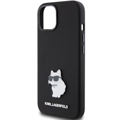 6. Karl Lagerfeld Choupette Metal Pin-Hülle aus Silikon für iPhone 15 Plus / 14 Plus – Schwarz