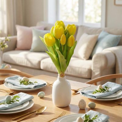 12. Strauß aus 7 gelben Tulpen, 31 cm, naturgetreue Frühlingsdekoration