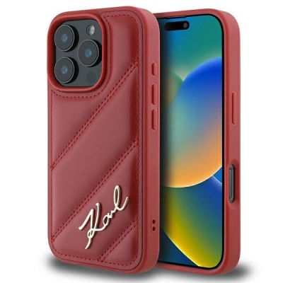 Karl Lagerfeld Quilted Signature Hülle für iPhone 16 Pro – Rot