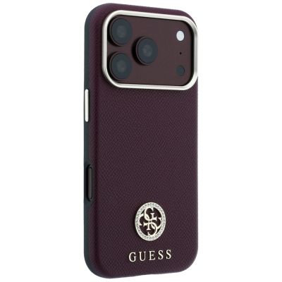 4. Guess MagSafe Hülle mit genarbtem, rundem Strass-Logo für iPhone 18 Pro Max / 17 Pro Max – Burgunderrot