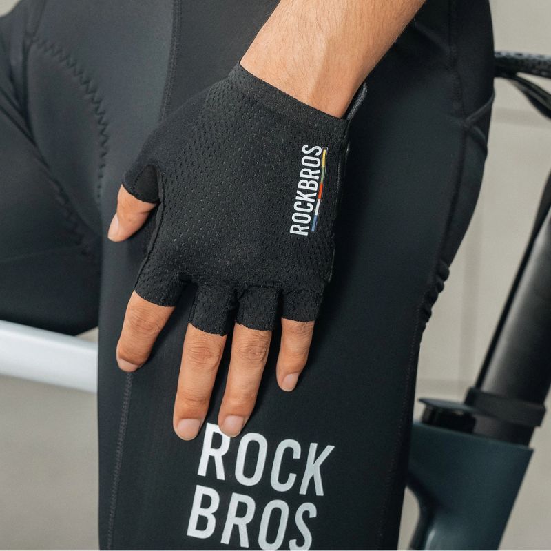 6. Rockbros TLS004 ROAD TO SKY Kurze stoßdämpfende Fahrradhandschuhe S - Schwarz
