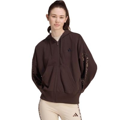 adidas Damen-Kapuzenpullover mit durchgehendem Reißverschluss, Animal-Print, 3-Streifen, Braun KV9299