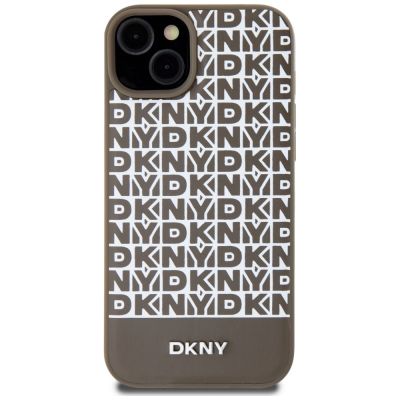 2. DKNY MagSafe-Hülle aus Leder mit bedrucktem Muster und Metalllogo für iPhone 15/14/13, Braun