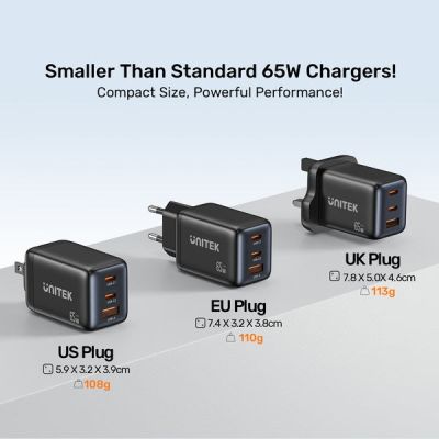 8. UNITEK GAN Wandladegerät 2x USB-C USB-A, PD 3.0, 65W, Schwarz