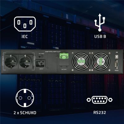 5. Qoltec USV-Notstromversorgung für Rack, 3 kVA, 3000 W, Leistungsfaktor 1,0, LCD, EPO, USB, Online