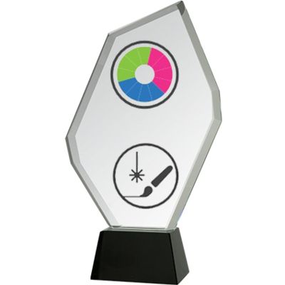 2. Glastrophäe mit LuxorJet-Farbdruck, Gravur, Farbfüllung und Etui