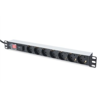 7. Digitus PDU 19" Rackmount-Steckdosenleiste, 7 Schuko-Steckdosen, 2,0 m Kabel, 1 Unischuko-Stecker, 16 A, Ein/Aus-Schalter, Überspannungsschutz, Aluminiumprofil