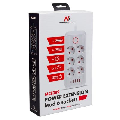 4. MACLEAN Steckdosenleiste, Verlängerungskabel mit 6 Steckdosen + 4 USB-Anschlüssen, 110–240 V Wechselstrom, 50/60 Hz, max. 2,1 A, 2500 W, 1,5 m, Weiß, MCE389W