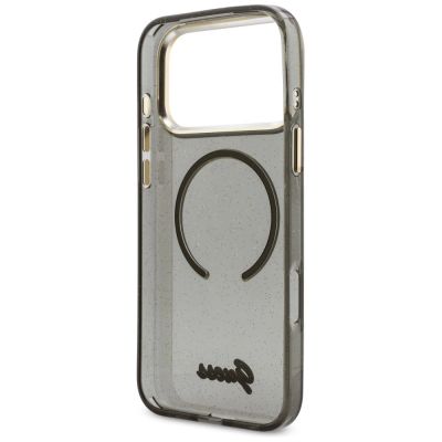6. Guess IML Glitters Script Strap MagSafe Hülle für iPhone 17 Pro Max - Schwarz