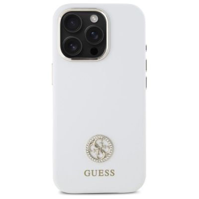 3. Guess Silikon Logo Strass 4G Hülle für iPhone 16 Pro – weiß