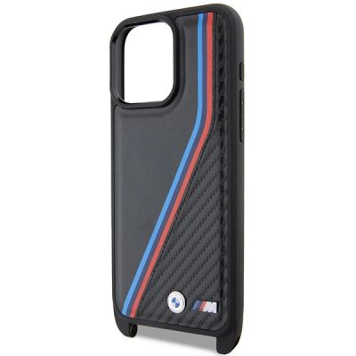5. BMW M Edition Carbon Tricolor Lines & Strap Hülle für iPhone 15 Pro – Schwarz