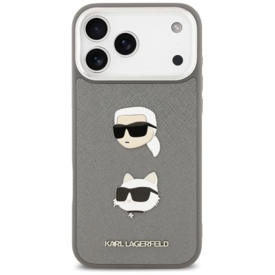 3. Karl Lagerfeld FW Grained Karl & Choupette Heads Pins & Logo iPhone 17 Pro Max Hülle - Grau