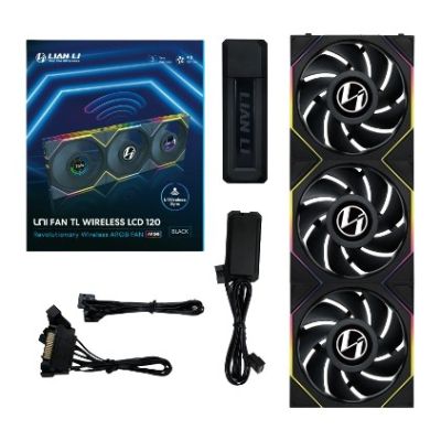 Lian Li UNI FAN TL Kabelloser LCD-Lüfter, ARGB, PWM, 3er-Pack inkl. Controller – 120 mm, schwarz