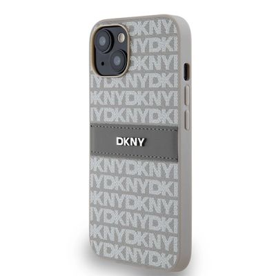 2. DKNY Lederhülle mit Monostreifen und Metalllogo für iPhone 15 / 14 / 13 – Beige