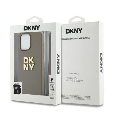 7. DKNY Wrist Strap Stock Logo Hülle für iPhone 15 Pro – Beige