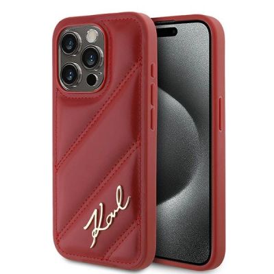 Karl Lagerfeld Diagonal Quilted Script Hülle für iPhone 15 Pro Max – Rot