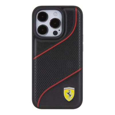 3. Ferrari Perforated Waves Metal Logo Hülle für iPhone 15 Pro – Schwarz