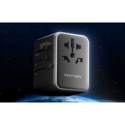 14. Vention 65W GaN Universal-Reiseadapter mit Ladegerät, 2x USB-A, 2x USB-C, Schwarz