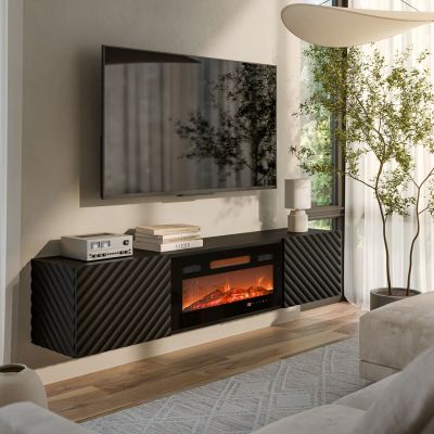 7. LARA TV-Schrank 183x35x37 schwarz matt + schwarzer Kamin