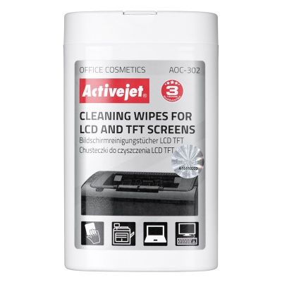 Activejet AOC-302 Reinigungstücher für LCD-Displays (100 Stück). Feuchte Reinigungstücher für Displays zur Entfernung verschiedenster Verschmutzungen von TFT-Flüssigkristallanzeigen in Laptops, Smartphones, Palmtops, LCD-Monitoren usw.