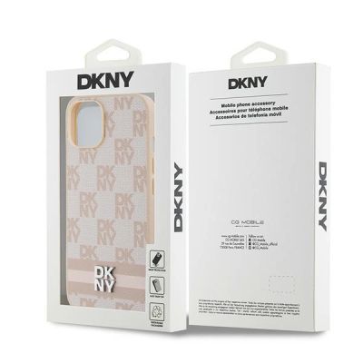 8. DKNY Lederhülle mit kariertem Monomuster und bedruckten Streifen für iPhone 15 / 14 / 13 – Rosa