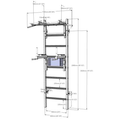 23. Turnwand-Stangen aus Holz und Metall mit Stange und Zubehörbank, 232W