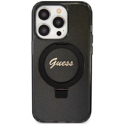 3. Guess Ring Stand Script Glitter MagSafe Hülle für iPhone 15 Pro – Schwarz