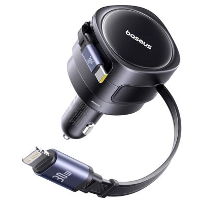 3. Baseus Enjoyment Max 60W Autoladegerät mit einziehbaren USB-C- und Lightning Kabeln – Schwarz