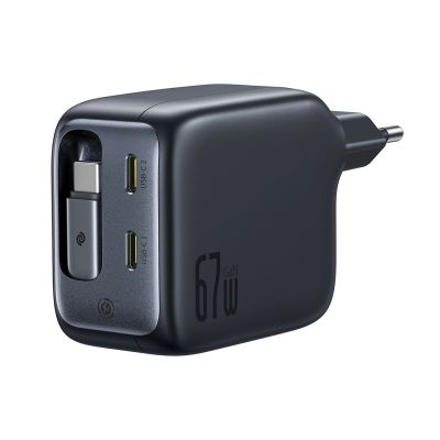 Baseus EnerCore CJ11 67W Wandladegerät mit zwei USB-C-Anschlüssen und einziehbarem USB-C-Kabel – Schwarz