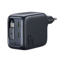 Baseus EnerCore CJ11 67W Wandladegerät mit zwei USB-C-Anschlüssen und einziehbarem USB-C-Kabel – Schwarz