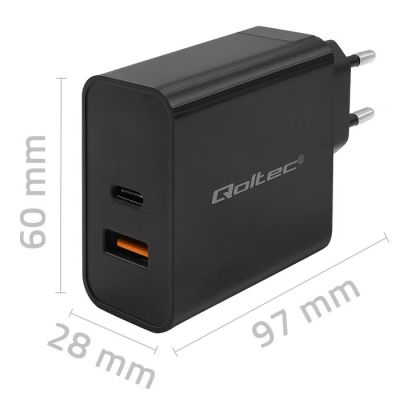7. QOLTEC Super-Schnellladegerät mit Power Delivery | 1x USB-C | 1x USB | 90 W | 5–20 V | 2,4–4,35 A | Schwarz